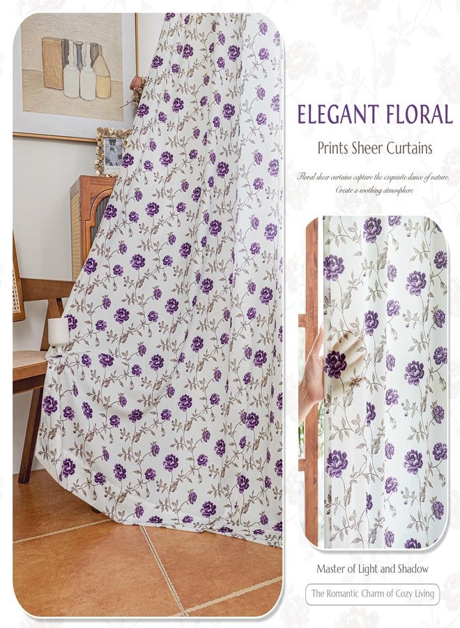 Beauoop Floral Sheer Curtains 54 Inches Long 2 Panels for Bedroom Living Room Purple Brown Flower Patterned Vintage Rose Light Filtering Silk-Like Rod Pocket Semi Voile Window Drapes, 52X54 2 Set - Image 2